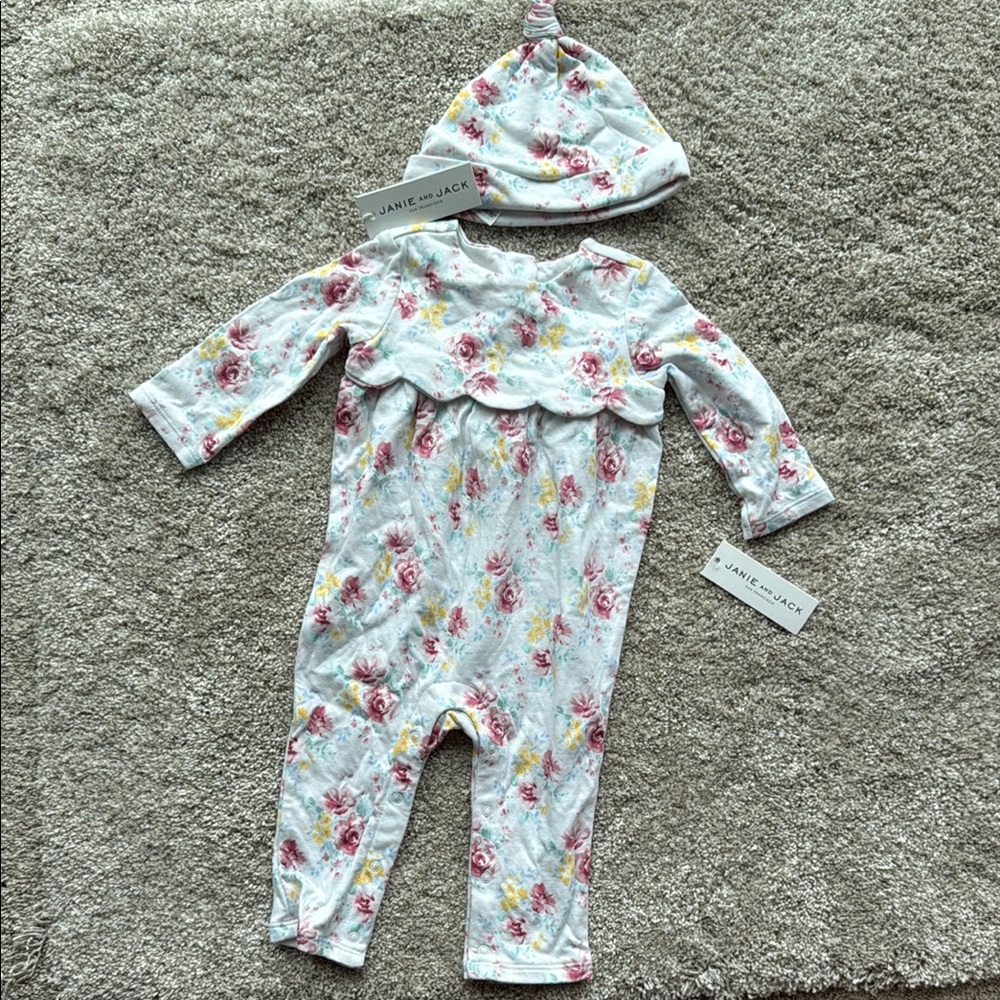 Janie and Jack White and Pink Floral One Piece with hat